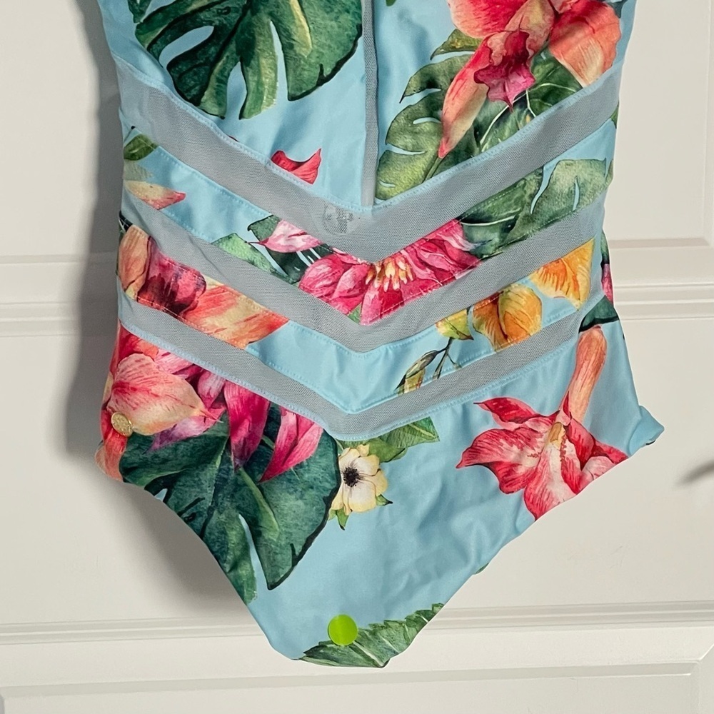 New! Leonisa Blue Floral Mesh Cutout Slimming One-Piece Swimsuit - 35123 - Picture 6 of 13